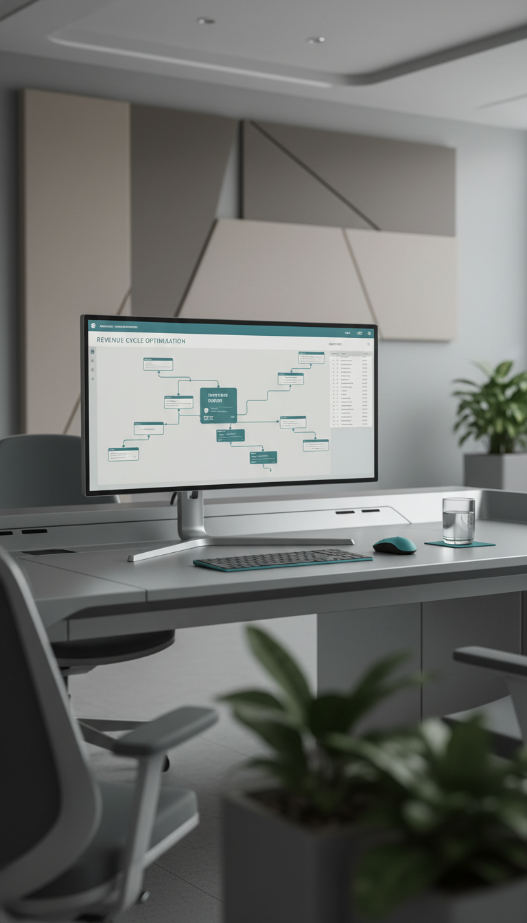 A futuristic workstation featuring a slim, high-resolution monitor displaying seamless revenue cycle management software with interactive flowcharts and audit trails. The monitor stands on a sculpted, matte-finish metallic desk with integrated cable management channels. The setting is an open-plan healthcare administration suite with geometric acoustic panels, muted grey-and-beige tones, and subtle pops of teal in desk accessories. Soft, balanced studio lighting creates an even, shadow-free environment, emphasizing the clean lines of the technology. The composition follows the rule of thirds, with the monitor off-center and workspace elements framing the shot, building a focused, innovative mood in a photographic, tech-forward style.