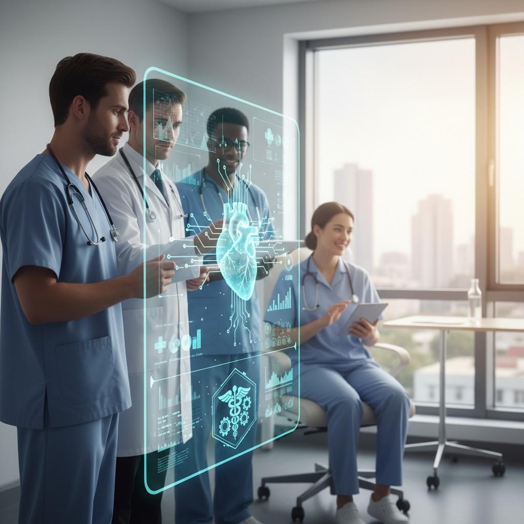 Group of medical professionals using digital medical imagery to diagnose patient heart issues in an office setting.