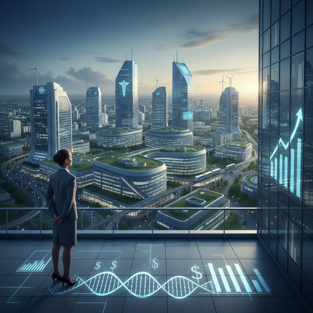 An urban cityscape with a woman standing on a balcony surrounded by digital graphics and a blue sky.